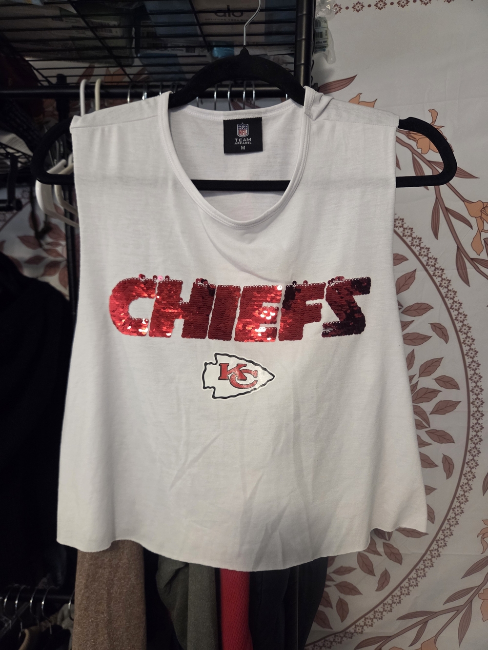 NFL White Crop Tank with Red Sequin CHIEFS Logo